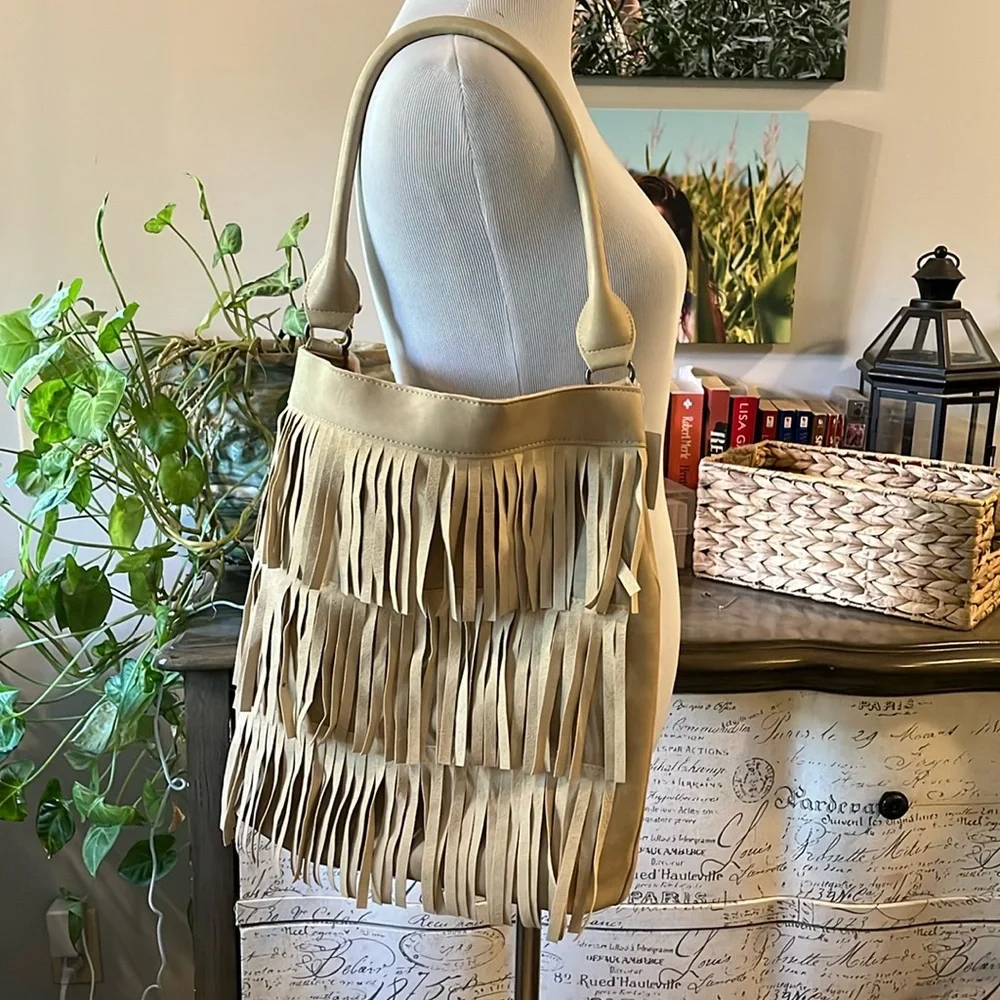 BOHO FRINGED FAUX LEATHER HOBO SHOULDER BAG TAN NEW WITH TAG